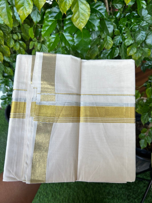 20% DISCOUNT ! KaithariKada  Balaramapuram - 100% PURE Cotton Off White - (Unbleached) Double Mundu/Dhoti - 100X80 - 1.5 inch Gold Kasavu & Silver Kasavu Striped Kara - 5KK5212 VIN