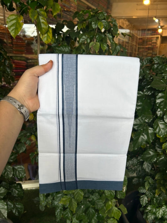 20% Discount ! Kaitharikada Balaramapuram 100% Pure Cotton Double Pure White Mundu/Dhoti - 100x80 - 1.5 inch Dark Peacock blue shaded white striped chutty 3.90 mtr (8.5 muzham) - 45 KK5287 PMC