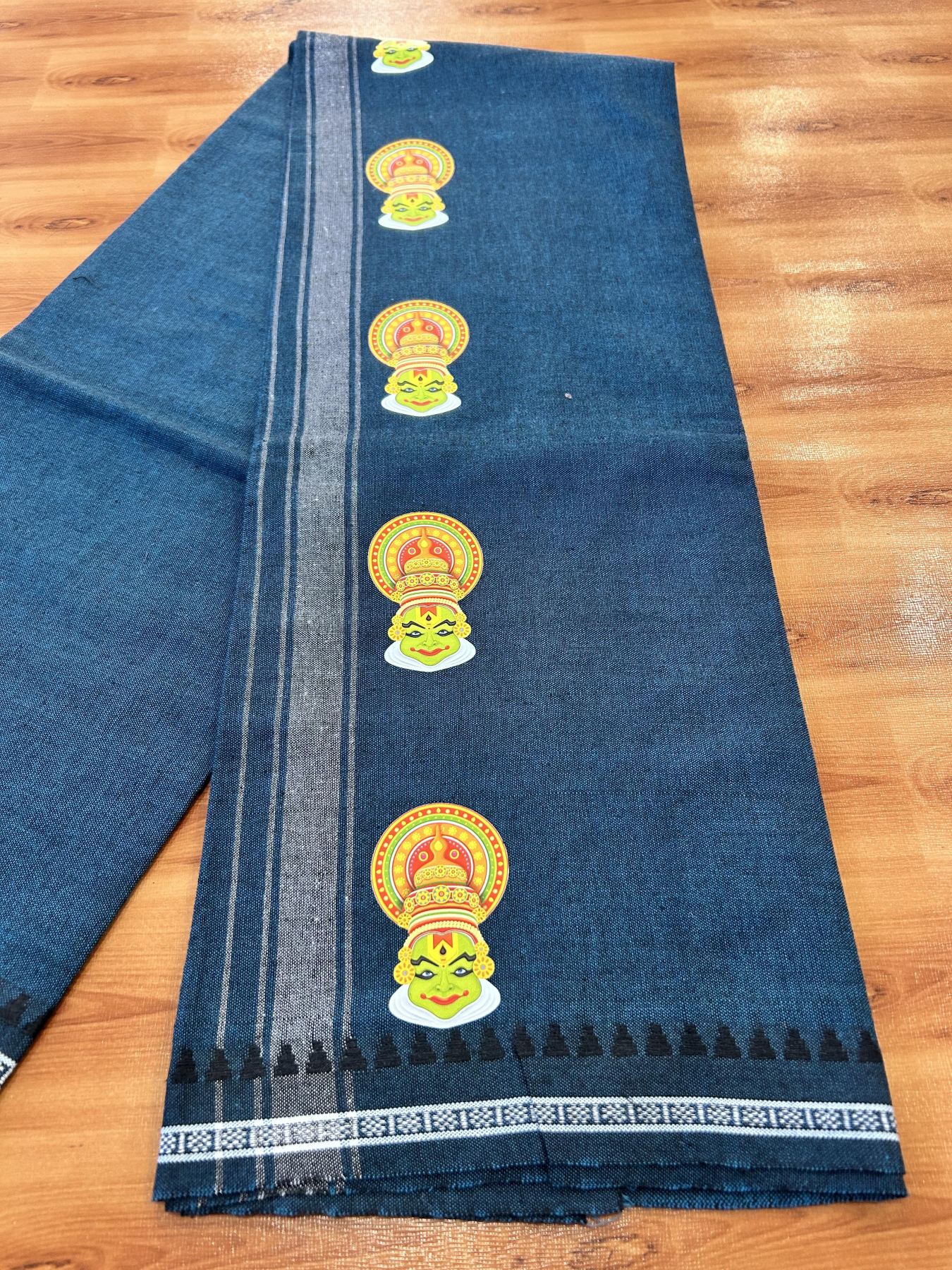 Single Kaily / Lungi - Mixed Cotton - 40s twisted - Kathakali Design Printed Kuppadam 1.75 inch White Stripes Kara with Dark Peacock Blue + Black Colour Body (2 meter / 4 muzham) - 25 KK5423 GAN