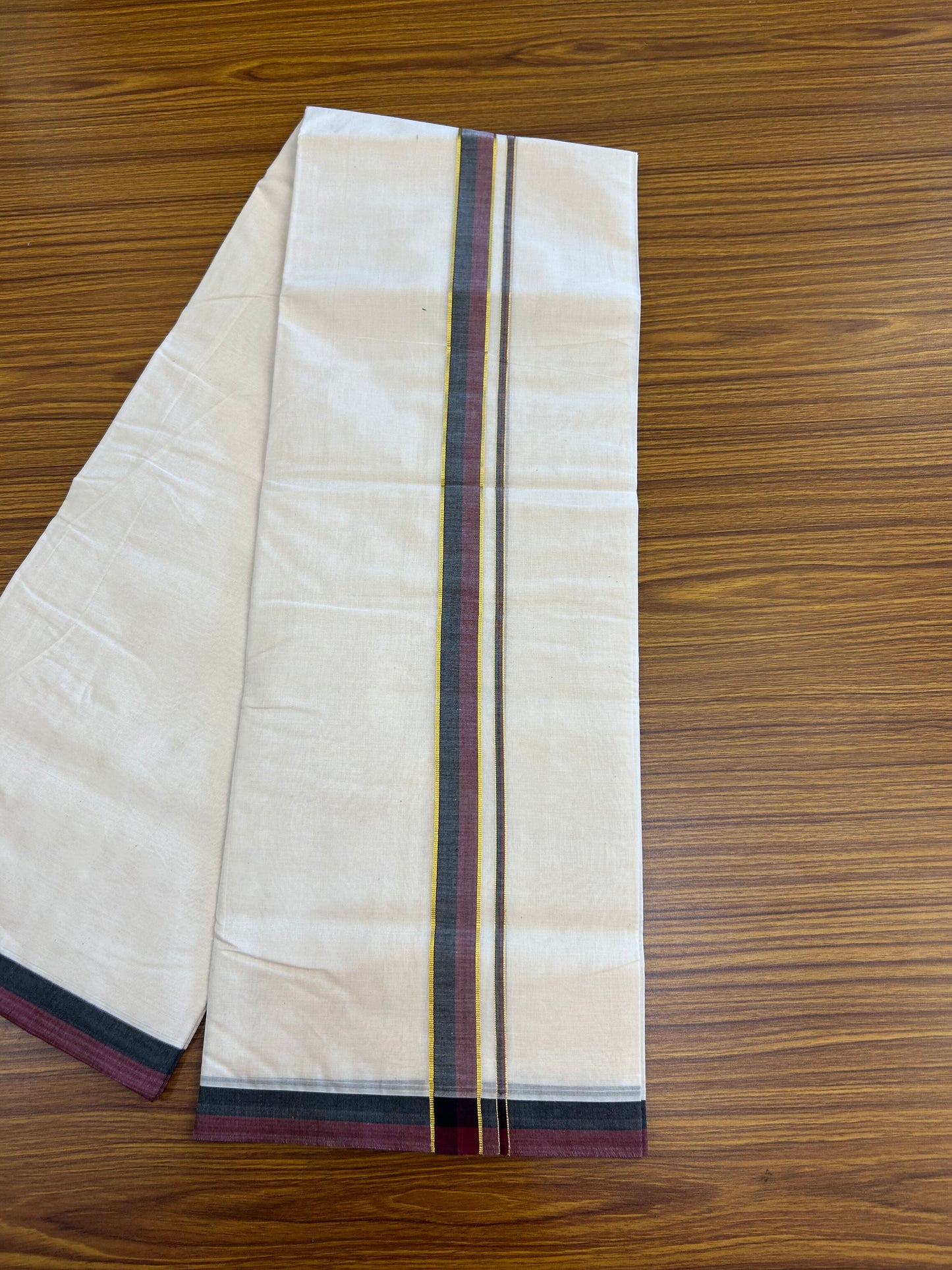 Dmk Veshti - 20% Discount! KaithariKada 100% Cotton Off White Double - (Unbleached) Mundu/Dhoti - 100X100 - 1 inch Gold Kasav Black & Maroon kara  - 5 KK5373 ASH