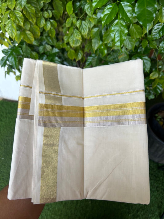 20% DISCOUNT ! KaithariKada  Balaramapuram - 100% PURE Cotton Off White - (Unbleached) Double Mundu/Dhoti - 100X80 - 1.5 inch Gold Kasavu & Silver Kasavu Striped Kara - 9KK5212 VIN