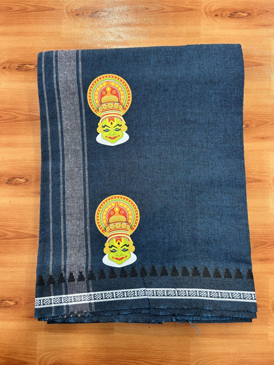 Single Kaily / Lungi - Mixed Cotton - 40s twisted - Kathakali Design Printed Kuppadam 1.75 inch White Stripes Kara with Dark Peacock Blue + Black Colour Body (2 meter / 4 muzham) - 25 KK5423 GAN
