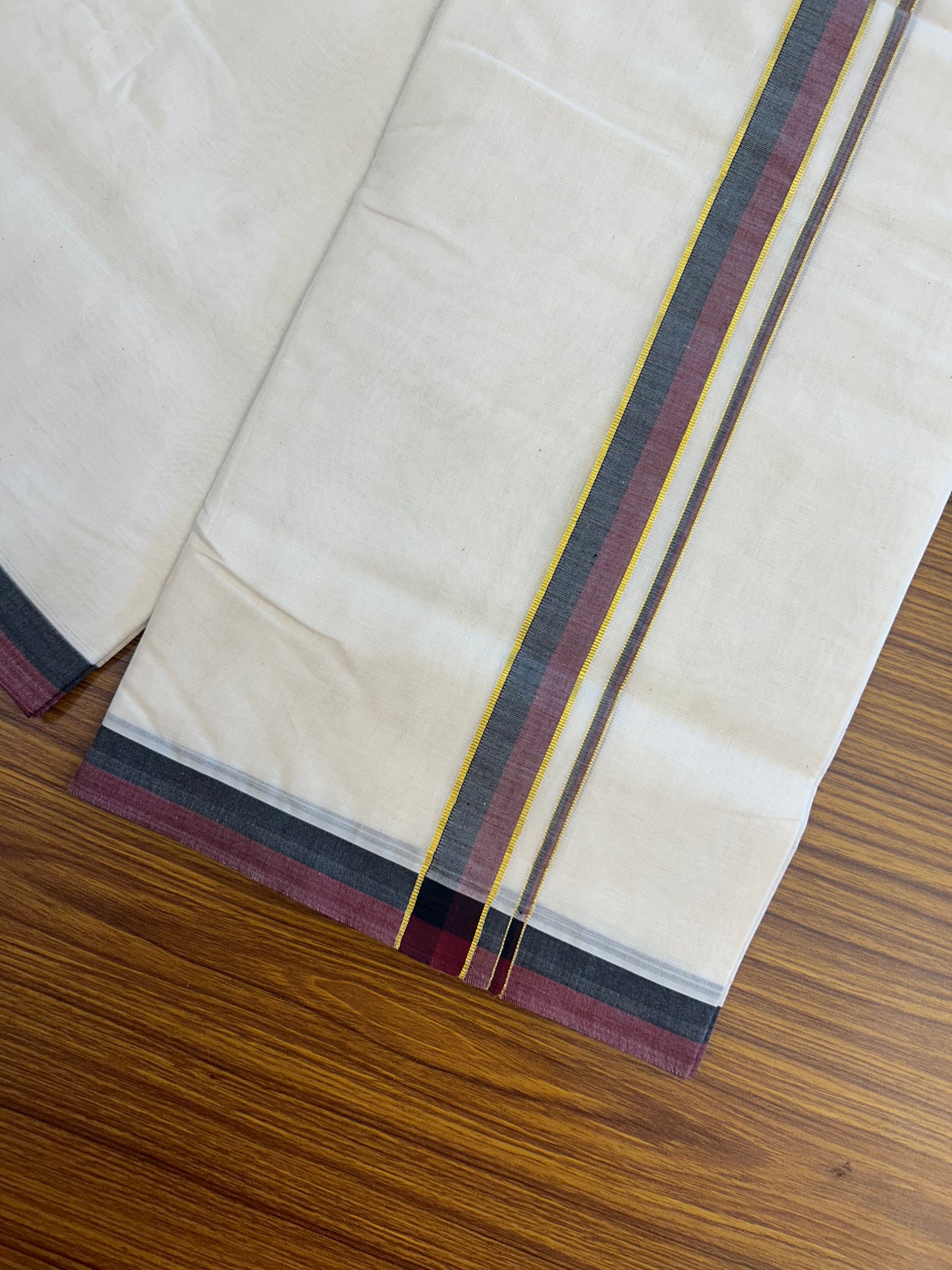 Dmk Veshti - 20% Discount! KaithariKada 100% Cotton Off White Double - (Unbleached) Mundu/Dhoti - 100X100 - 1 inch Gold Kasav Black & Maroon kara  - 5 KK5373 ASH