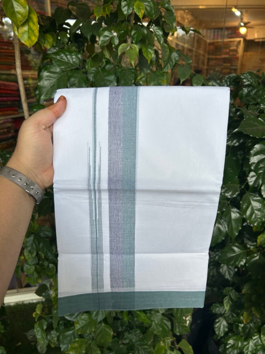 20% Discount ! Kaitharikada Balaramapuram 100% Pure Cotton Double Pure White Mundu/Dhoti - 100x80 - 1.5 inch Teal Green & Navy Blue shaded striped chutty 3.90 mtr (8.5 muzham) - 81 KK5287 PMC