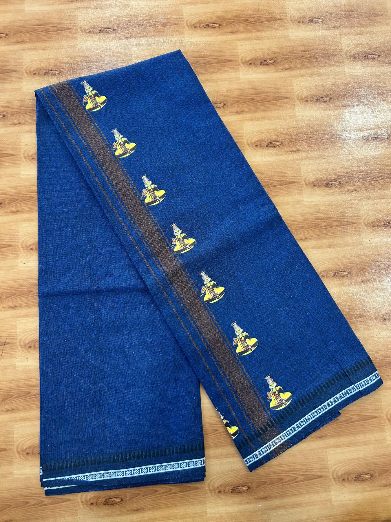 Single Kaily / Lungi - Mixed Cotton - 40s twisted - Kathakali Design Printed Kuppadam 1.75 inch Brown Stripes Kara with Dark Blue Colour Body (2 meter / 4 muzham) - 21 KK5423 GAN