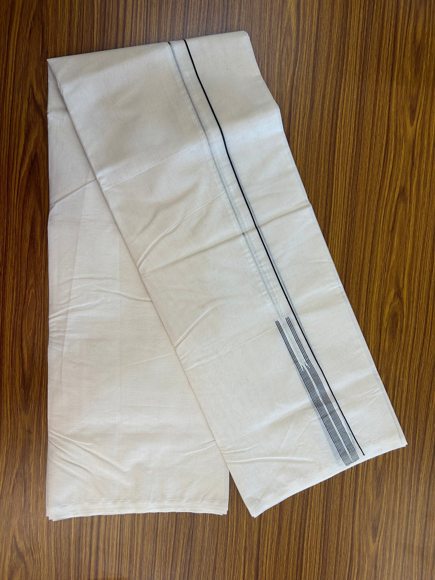 20% Discount! KaithariKada Balaramapuram 100% Cotton Double Off white Mundu/Dhoti- 100x100 - 0.75 inch Puliyilakkara Silver Kasav & Black Striped Chutty Kara - 4 mtr (8.5 muzham) - 6 KK5373 ASH