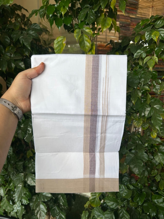 20% Discount ! Kaitharikada Balaramapuram 100% Pure Cotton Double Pure White Mundu/Dhoti - 100x80 - 1.25 inch Sand Brown & Dark Brown shaded striped chutty 3.90 mtr (8.5 muzham) - 83 KK5287 PMC