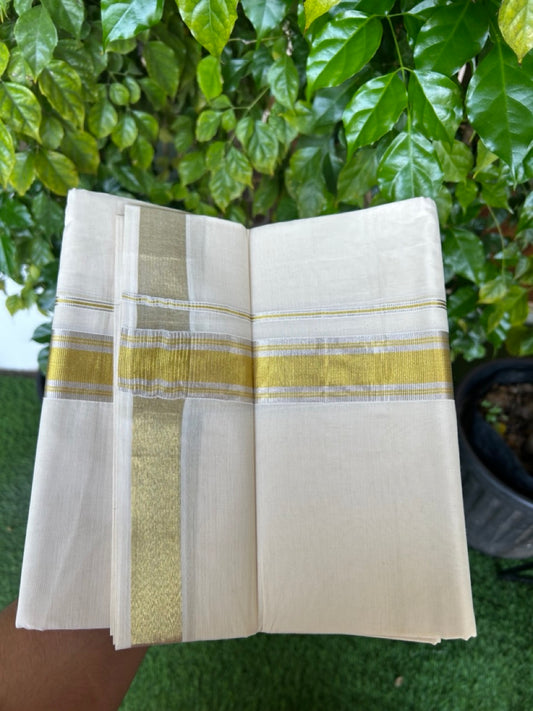 20% DISCOUNT ! KaithariKada  Balaramapuram - 100% PURE Cotton Off White - (Unbleached) Double Mundu/Dhoti - 100X80 - 1.5 inch Gold Kasavu & Silver Kasavu Striped Kara - 7KK5212 VIN