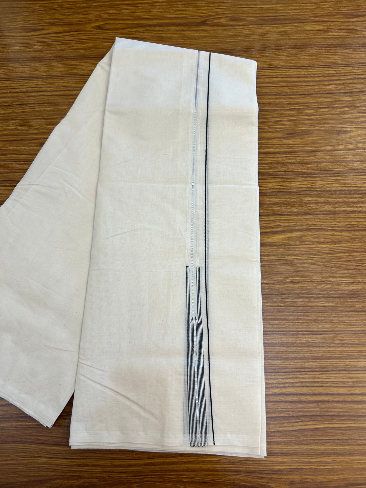 20% Discount! KaithariKada Balaramapuram 100% Cotton Double Off white Mundu/Dhoti- 100x100 - 0.75 inch Puliyilakkara Silver Kasav & Black Striped Chutty Kara - 4 mtr (8.5 muzham) - 6 KK5373 ASH