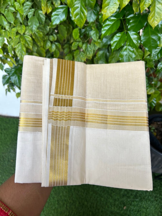 20% DISCOUNT ! KaithariKada Balaramapuram - 100% PURE Cotton Off White - (Unbleached) Double Mundu/Dhoti - 100X80 - 1.5 inch Gold Kasavu & Silver Kasavu Striped Kara - 16KK5212 VIN