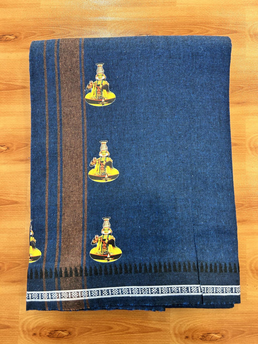 Single Kaily / Lungi - Mixed Cotton - 40s twisted - Kathakali Design Printed Kuppadam 1.75 inch Brown Stripes Kara with Dark Blue Colour Body (2 meter / 4 muzham) - 21 KK5423 GAN