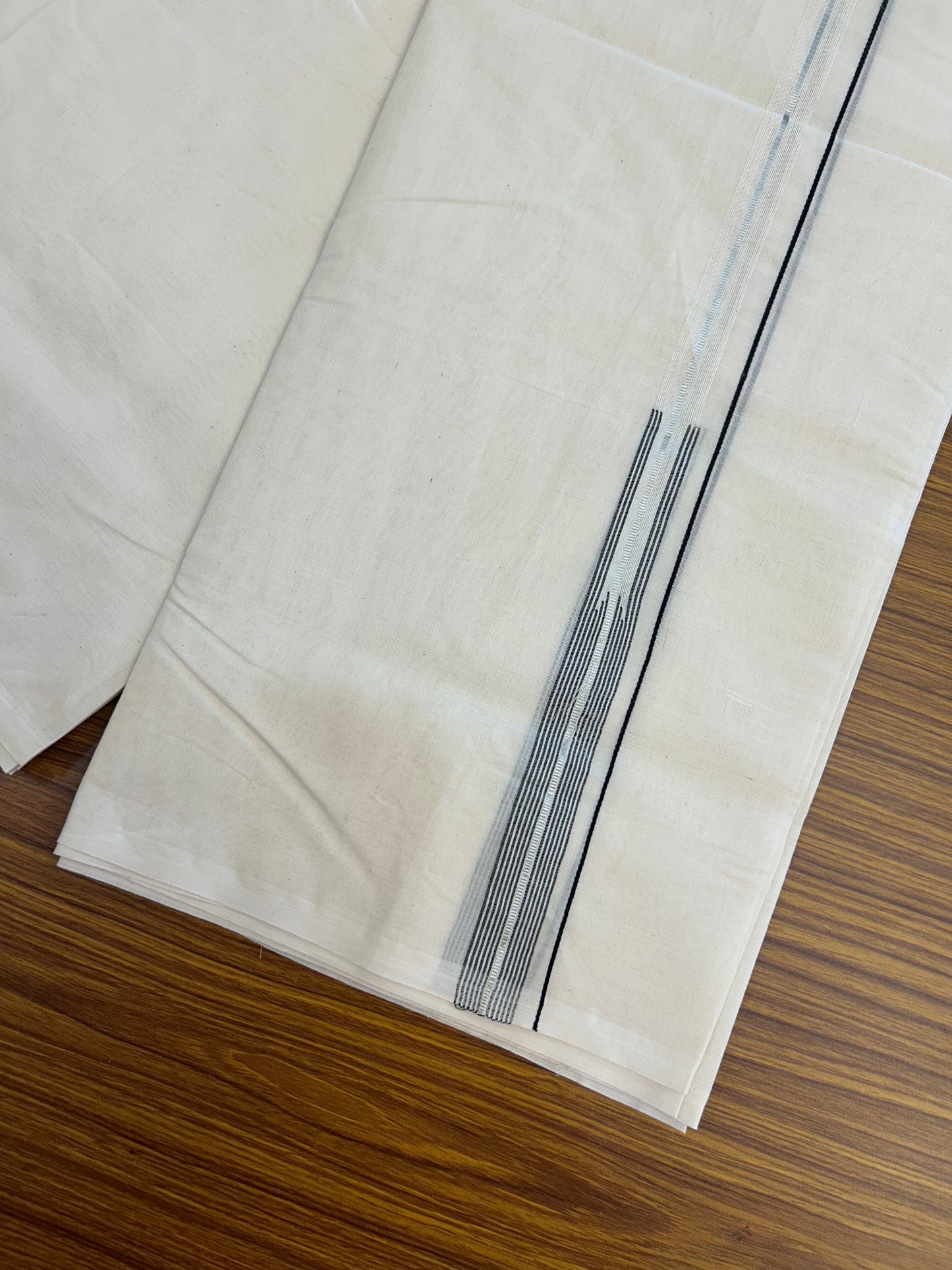 20% Discount! KaithariKada Balaramapuram 100% Cotton Double Off white Mundu/Dhoti- 100x100 - 0.75 inch Puliyilakkara Silver Kasav & Black Striped Chutty Kara - 4 mtr (8.5 muzham) - 6 KK5373 ASH