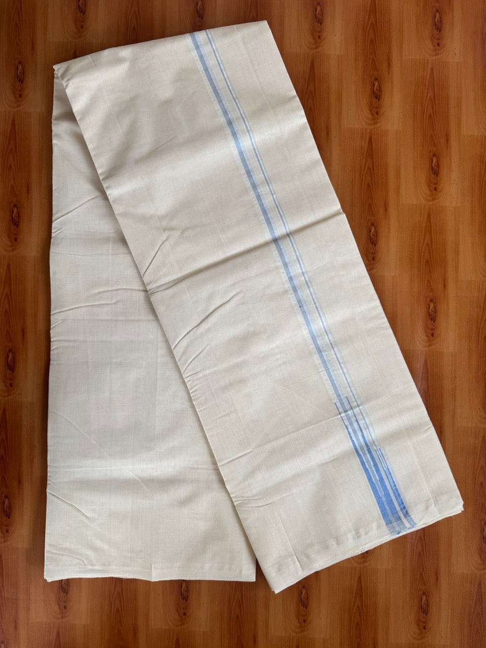 Double Off White (Unbleached) Mundu/Dhoti - 25% Discount!! KaithariKada Handloom Millpaav - 100% Pure Cotton - 80x90 - 0.75 inch Puliyilakkara Light Blue Stripes Double Chutty 4 meter (8.5 muzham) - 2 KK5507 RAM