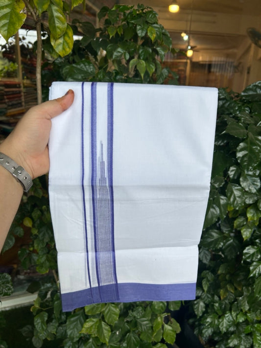 20% Discount ! Kaitharikada Balaramapuram 100% Pure Cotton Double Pure White Mundu/Dhoti - 100x80 - 1.25 inch Violet Blue striped temple chutty 3.90 mtr (8.5 muzham) - 51 KK5287 PMC