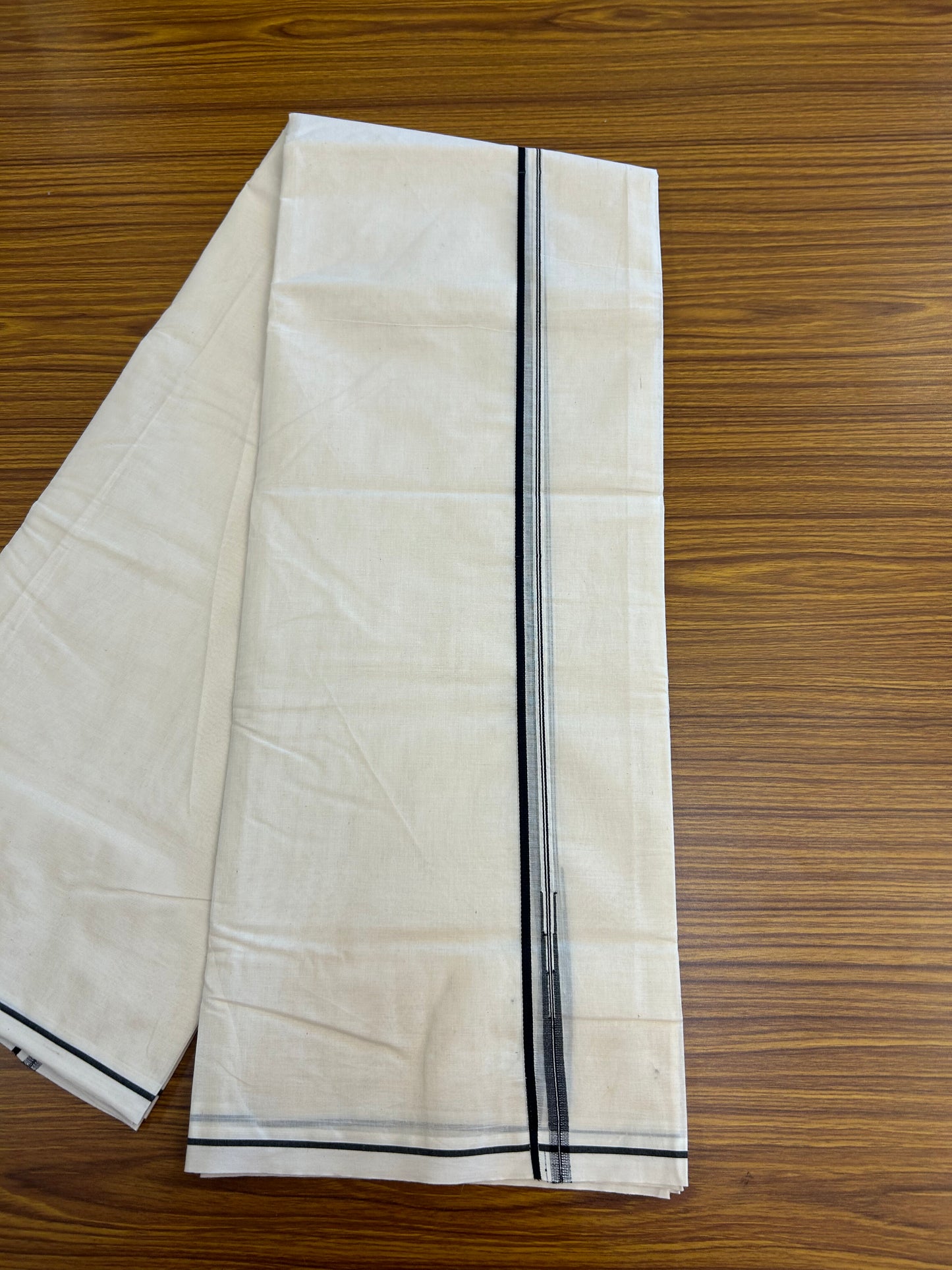 20% Discount! KaithariKada Balaramapuram 100% Cotton Double Off white Mundu/Dhoti- 100x100 - 0.5 cm Puliyilakkara Black Chutty Kara - 4 mtr (8.5 muzham) - 8 KK5373 ASH