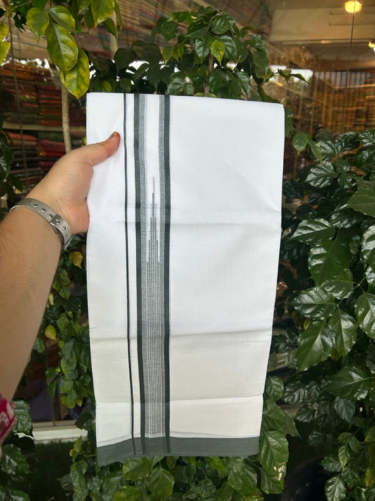 20% Discount ! Kaitharikada Balaramapuram 100% Pure Cotton Double Pure White Mundu/Dhoti - 100x80 - 1.5 inch Dark Green striped temple chutty 3.90 mtr (8.5 muzham) - 54 KK5287 PMC