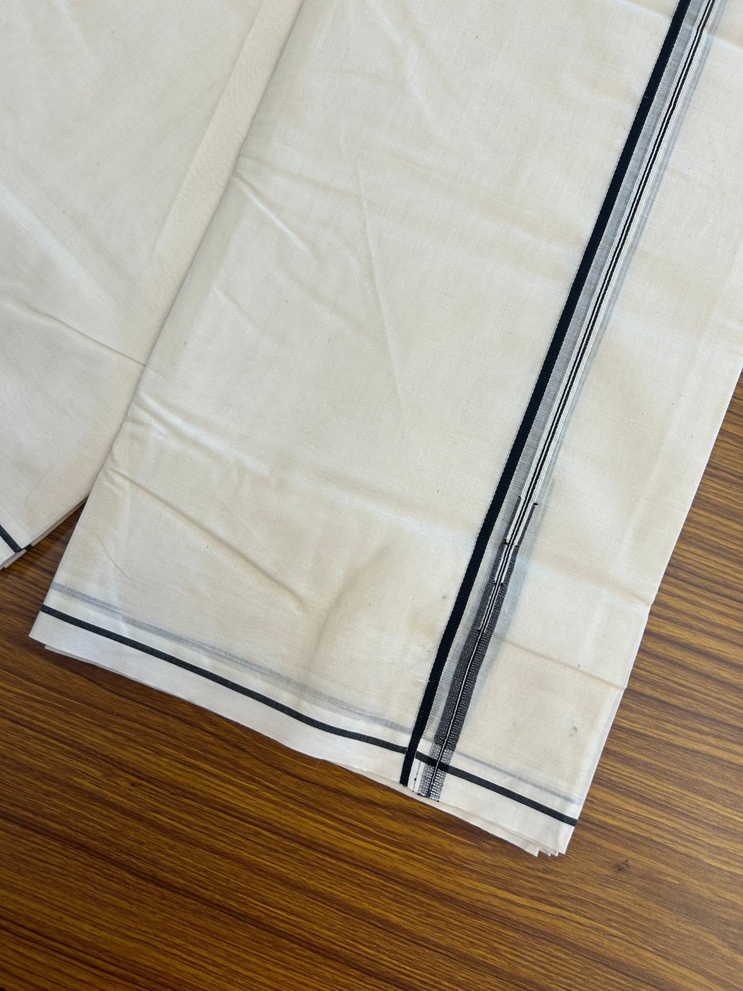20% Discount! KaithariKada Balaramapuram 100% Cotton Double Off white Mundu/Dhoti- 100x100 - 0.5 cm Puliyilakkara Black Chutty Kara - 4 mtr (8.5 muzham) - 8 KK5373 ASH