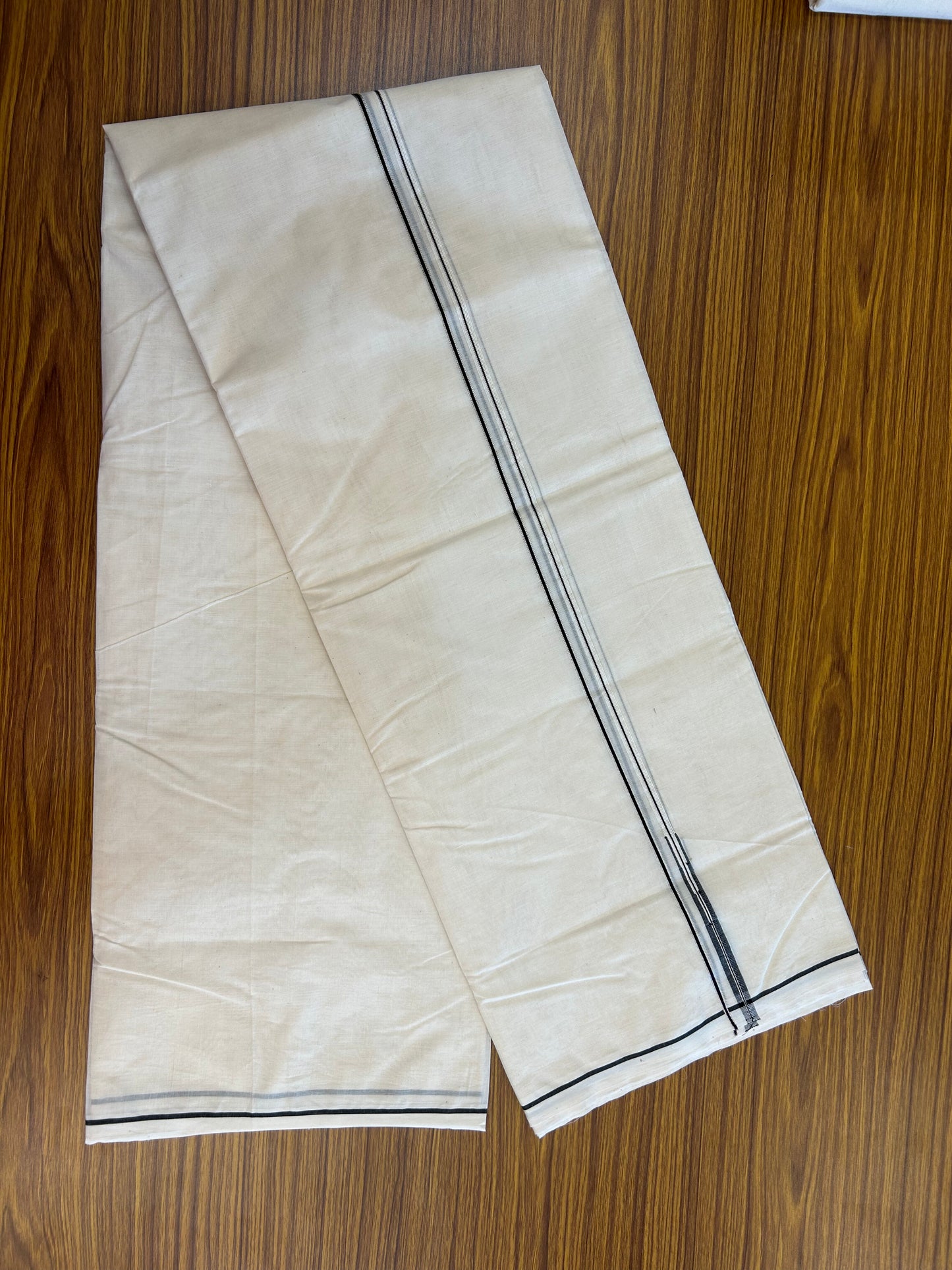 20% Discount! KaithariKada Balaramapuram 100% Cotton Double Off white Mundu/Dhoti- 100x100 - 0.2 cm Puliyilakkara Silver Kasav & Black Chutty Kara - 4 mtr (8.5 muzham) - 9 KK5373 ASH