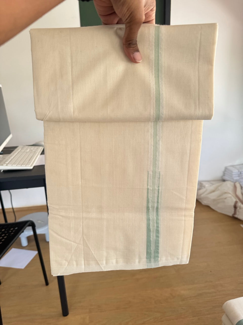 Double Off White (Unbleached) Mundu/Dhoti - 25% Discount!! KaithariKada Handloom Millpaav - 100% Pure Cotton - 80x90 - 0.75 inch Puliyilakkara Pista Green Stripes Chutty 4 meter (8.5 muzham) - 4 KK5507 RAM