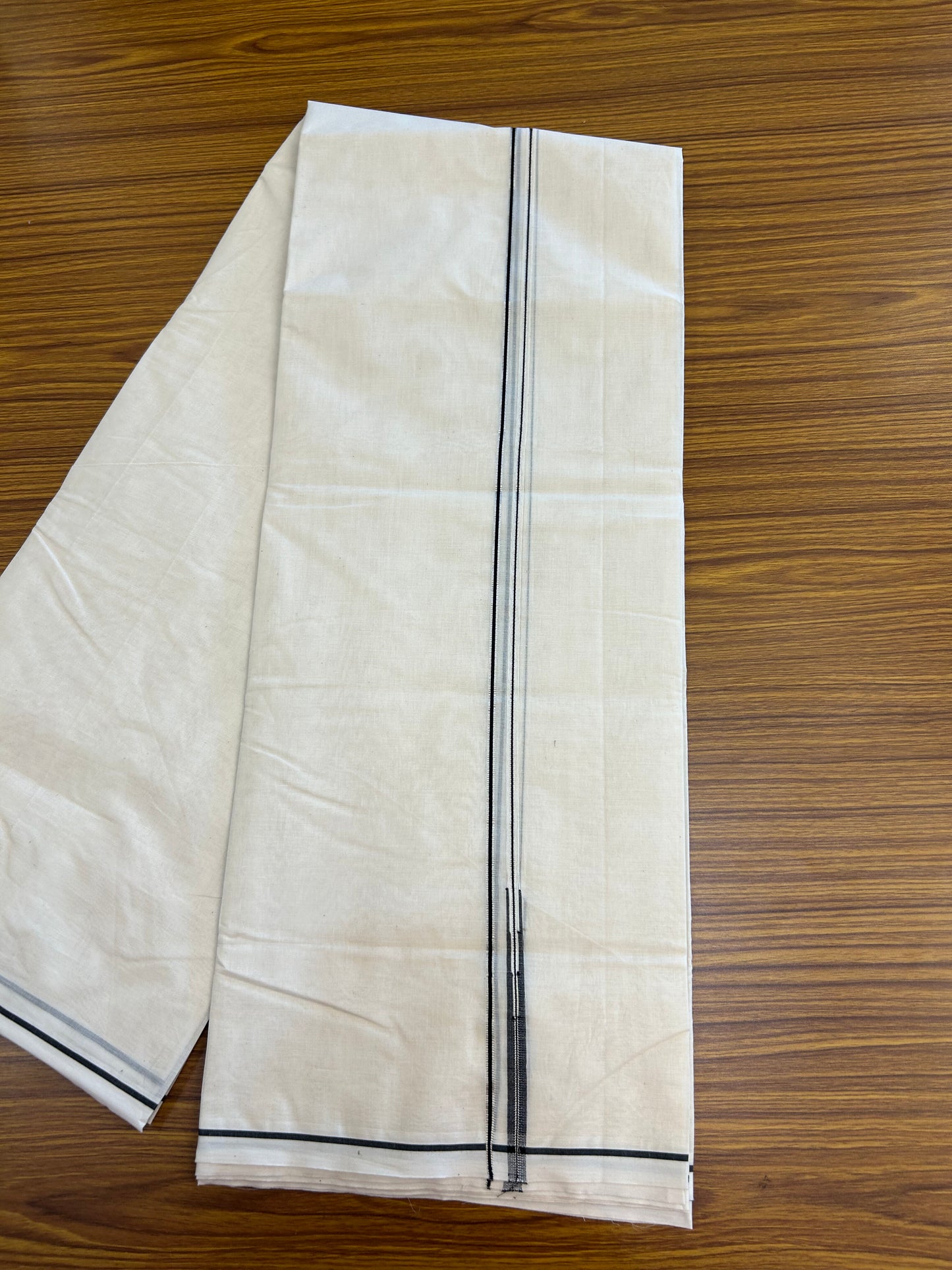20% Discount! KaithariKada Balaramapuram 100% Cotton Double Off white Mundu/Dhoti- 100x100 - 0.2 cm Puliyilakkara Silver Kasav & Black Chutty Kara - 4 mtr (8.5 muzham) - 9 KK5373 ASH