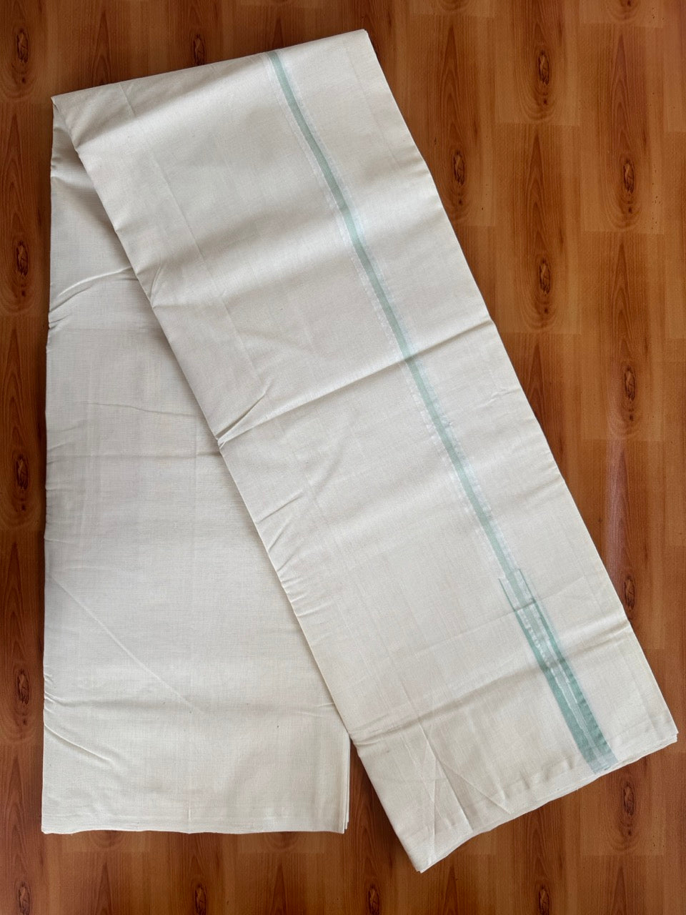 Double Off White (Unbleached) Mundu/Dhoti - 25% Discount!! KaithariKada Handloom Millpaav - 100% Pure Cotton - 80x90 - 0.75 inch Puliyilakkara Pista Green Stripes Chutty 4 meter (8.5 muzham) - 4 KK5507 RAM