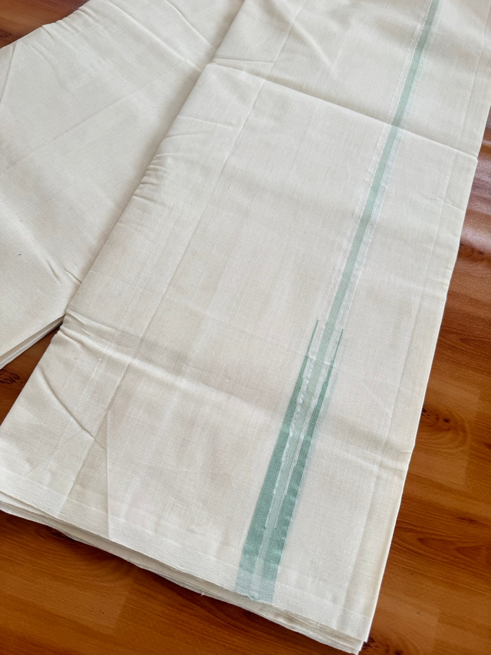 Double Off White (Unbleached) Mundu/Dhoti - 25% Discount!! KaithariKada Handloom Millpaav - 100% Pure Cotton - 80x90 - 0.75 inch Puliyilakkara Pista Green Stripes Chutty 4 meter (8.5 muzham) - 4 KK5507 RAM