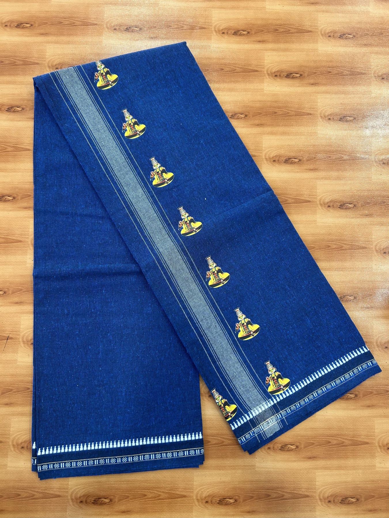 Single Kaily / Lungi - Mixed Cotton - 40s twisted - Kathakali Design Printed Kuppadam 2 inch White Stripes Kara with Dark Blue Colour Body (2 meter / 4 muzham) - 23 KK5423 GAN