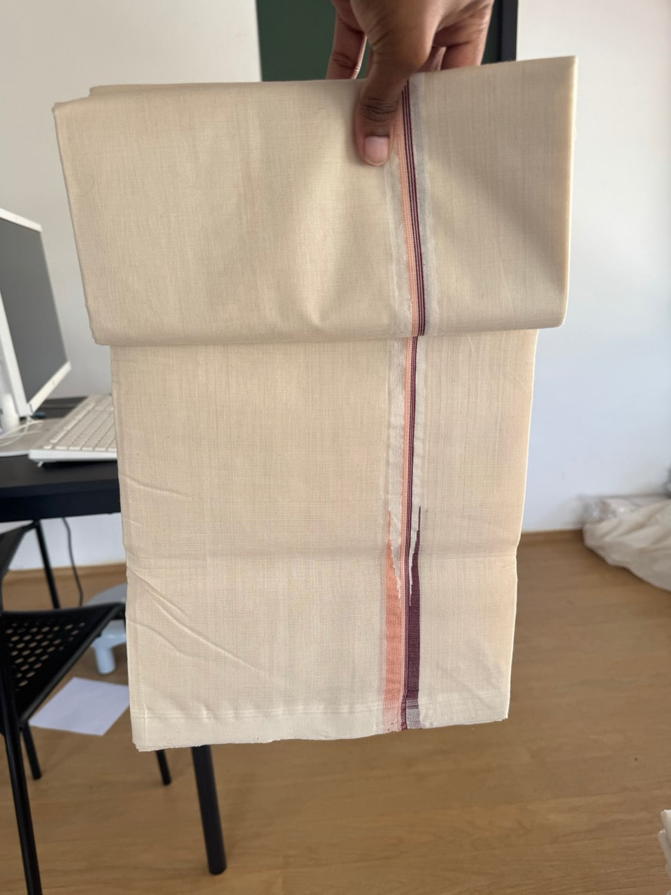 Double Off White (Unbleached) Mundu/Dhoti - 25% Discount!! KaithariKada Handloom Millpaav - 100% Pure Cotton - 80x90 - 0.75 inch Puliyilakkara Brown & Peach Pink Stripes Chutty 4 meter (8.5 muzham) - 6 KK5507 RAM