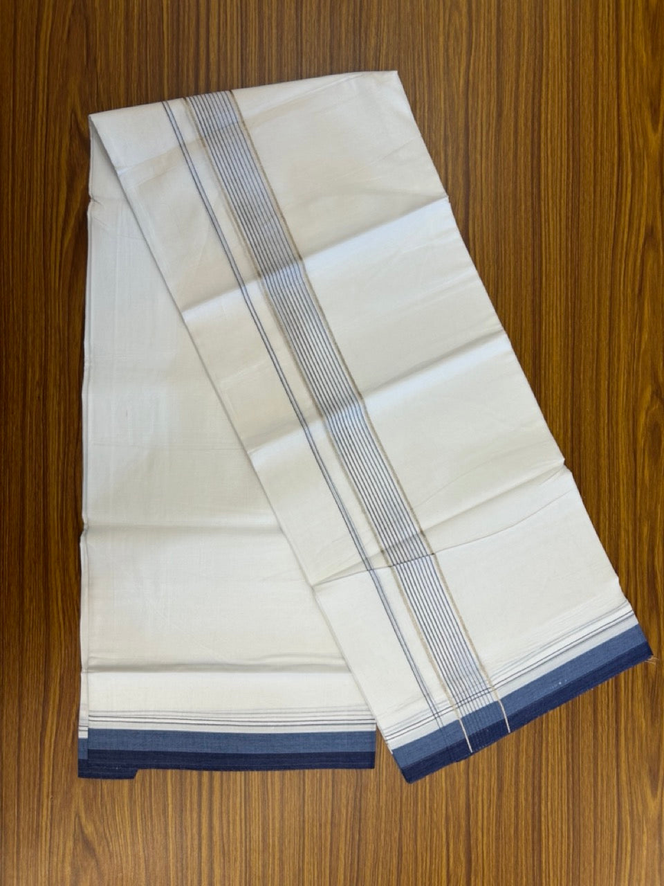 20% Discount ! Kaitharikada Balaramapuram 100% Cotton Pure White Double Mundu/Dothi - 100x80 - 1.75 inch Silver Kasav Light Ash Blue & Navy Blue Stripes Kara 4 mtr (8.5 muzham) - 26 KK5255 VAS