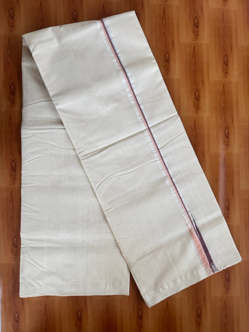 Double Off White (Unbleached) Mundu/Dhoti - 25% Discount!! KaithariKada Handloom Millpaav - 100% Pure Cotton - 80x90 - 0.75 inch Puliyilakkara Brown & Peach Pink Stripes Chutty 4 meter (8.5 muzham) - 6 KK5507 RAM