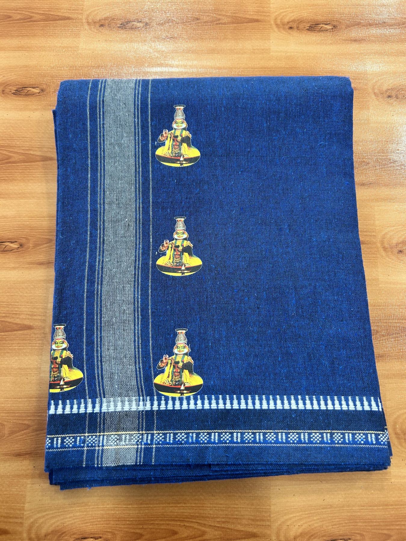 Single Kaily / Lungi - Mixed Cotton - 40s twisted - Kathakali Design Printed Kuppadam 2 inch White Stripes Kara with Dark Blue Colour Body (2 meter / 4 muzham) - 23 KK5423 GAN