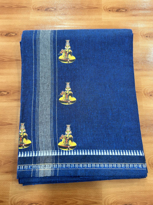 Single Kaily / Lungi - Mixed Cotton - 40s twisted - Kathakali Design Printed Kuppadam 2 inch White Stripes Kara with Dark Blue Colour Body (2 meter / 4 muzham) - 23 KK5423 GAN