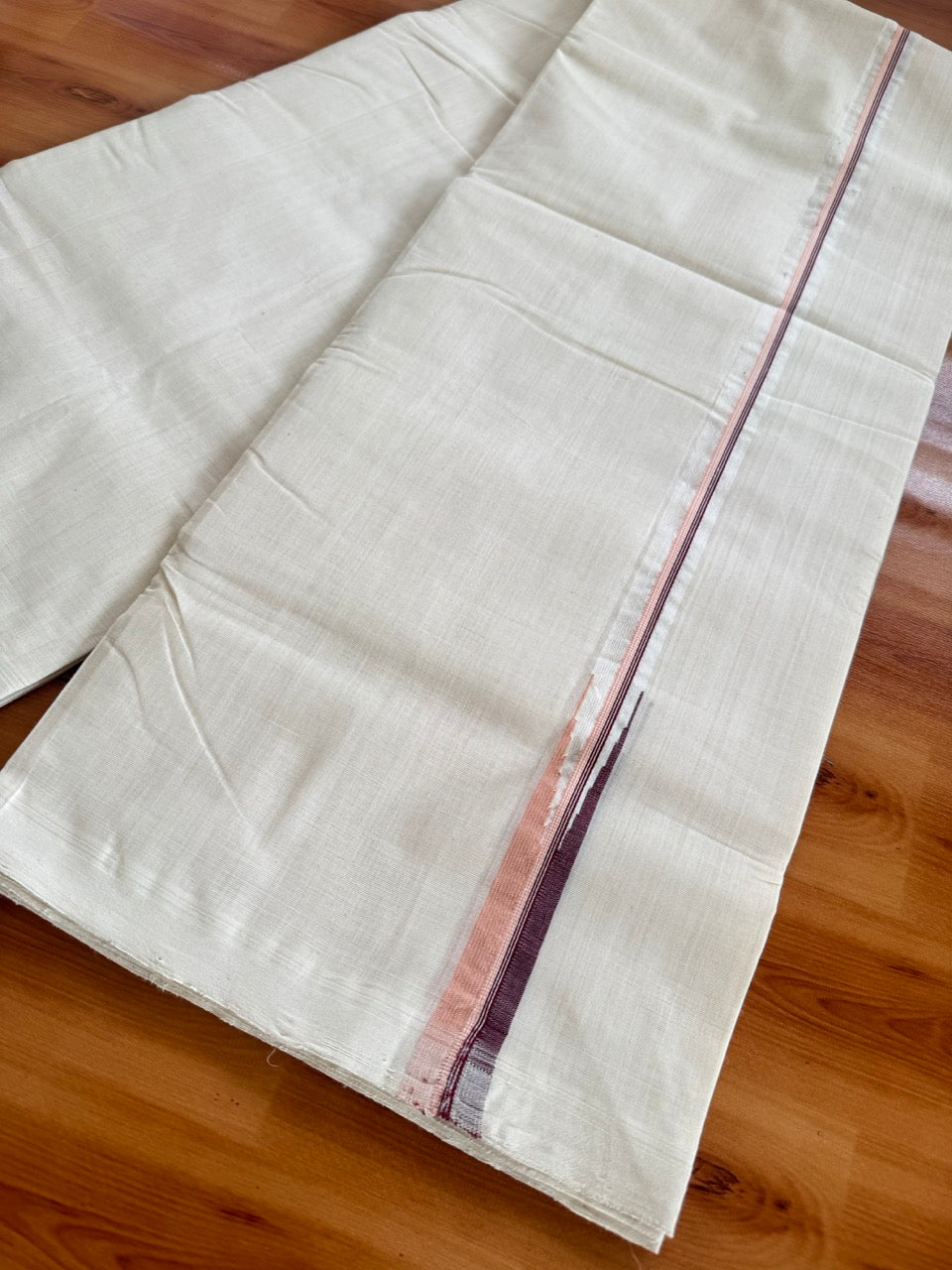 Double Off White (Unbleached) Mundu/Dhoti - 25% Discount!! KaithariKada Handloom Millpaav - 100% Pure Cotton - 80x90 - 0.75 inch Puliyilakkara Brown & Peach Pink Stripes Chutty 4 meter (8.5 muzham) - 6 KK5507 RAM