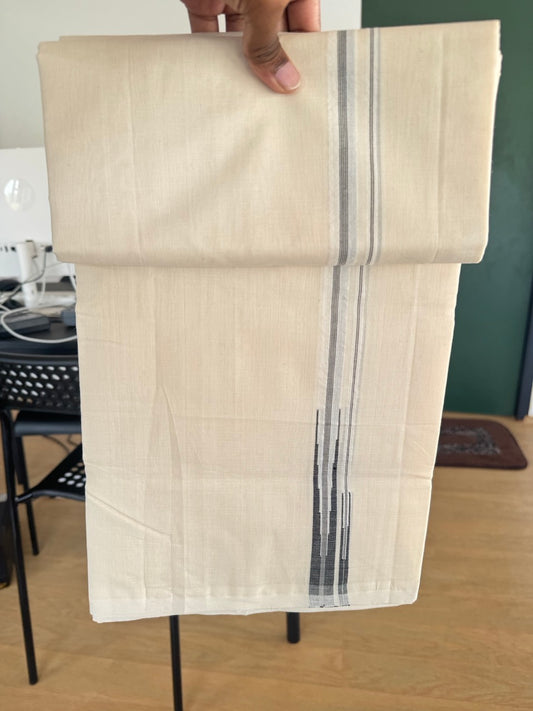 Double Off White (Unbleached) Mundu/Dhoti - 25% Discount!! KaithariKada Handloom Millpaav - 100% Pure Cotton - 80x90 - 0.75 inch Puliyilakkara Black Stripes Double Chutty 4 meter (8.5 muzham) - 1 KK5507 RAM