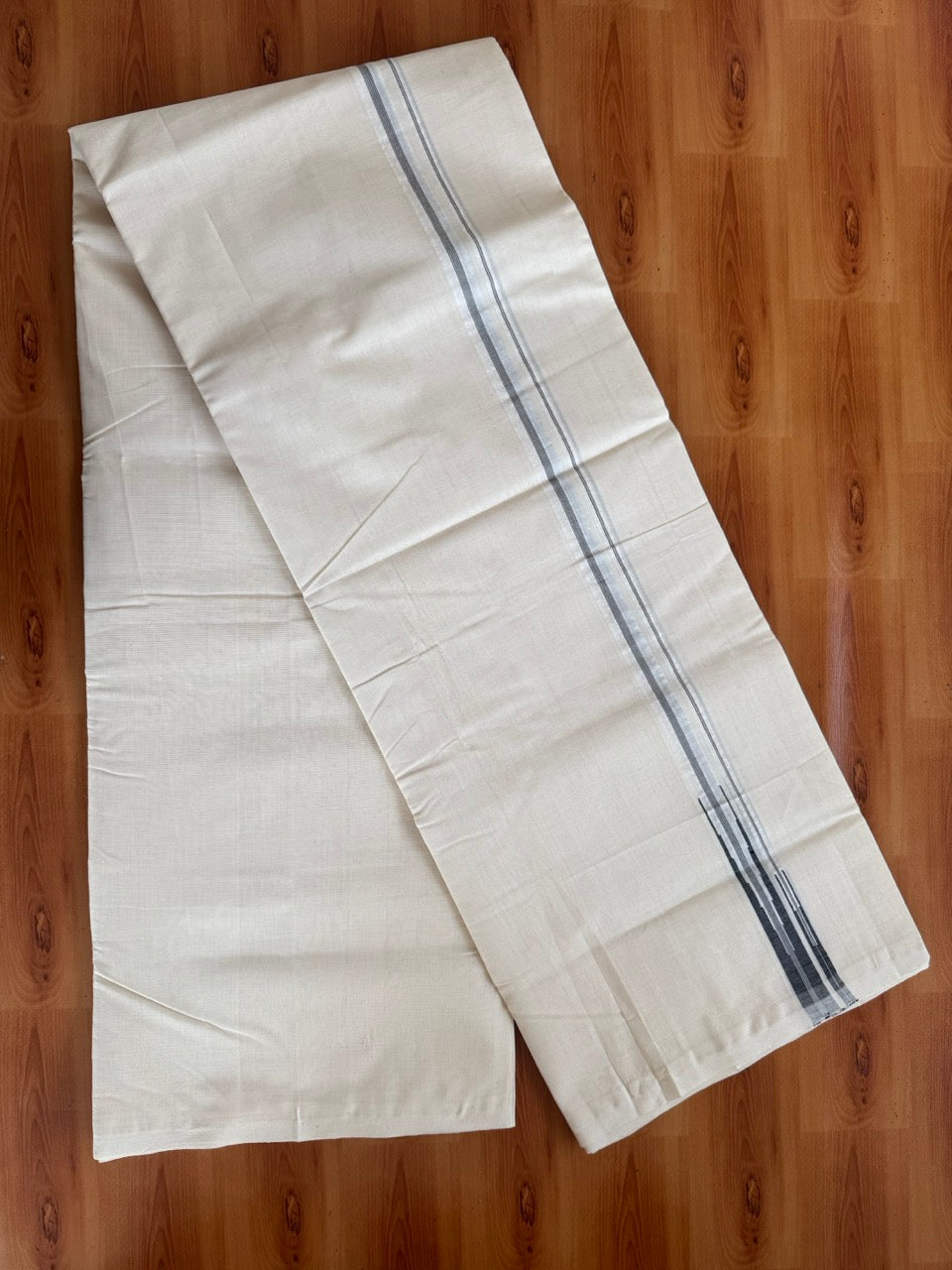 Double Off White (Unbleached) Mundu/Dhoti - 25% Discount!! KaithariKada Handloom Millpaav - 100% Pure Cotton - 80x90 - 0.75 inch Puliyilakkara Black Stripes Double Chutty 4 meter (8.5 muzham) - 1 KK5507 RAM