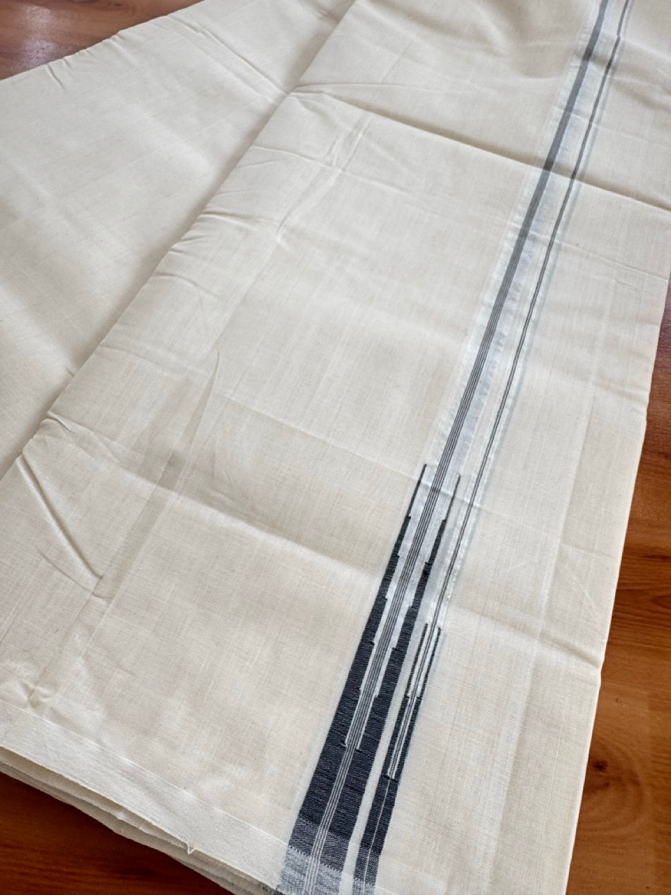 Double Off White (Unbleached) Mundu/Dhoti - 25% Discount!! KaithariKada Handloom Millpaav - 100% Pure Cotton - 80x90 - 0.75 inch Puliyilakkara Black Stripes Double Chutty 4 meter (8.5 muzham) - 1 KK5507 RAM