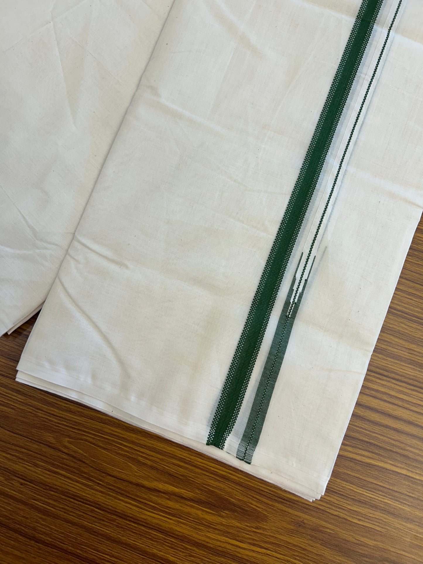 23% Discount! KaithariKada Balaramapuram 100% Cotton Double Off white Mundu/Dhoti- 100x100 - 0.75 inch Puliyilakkara Dark Green Chutty Kara - 4 mtr (8.5 muzham) - 1 KK5373 ASH