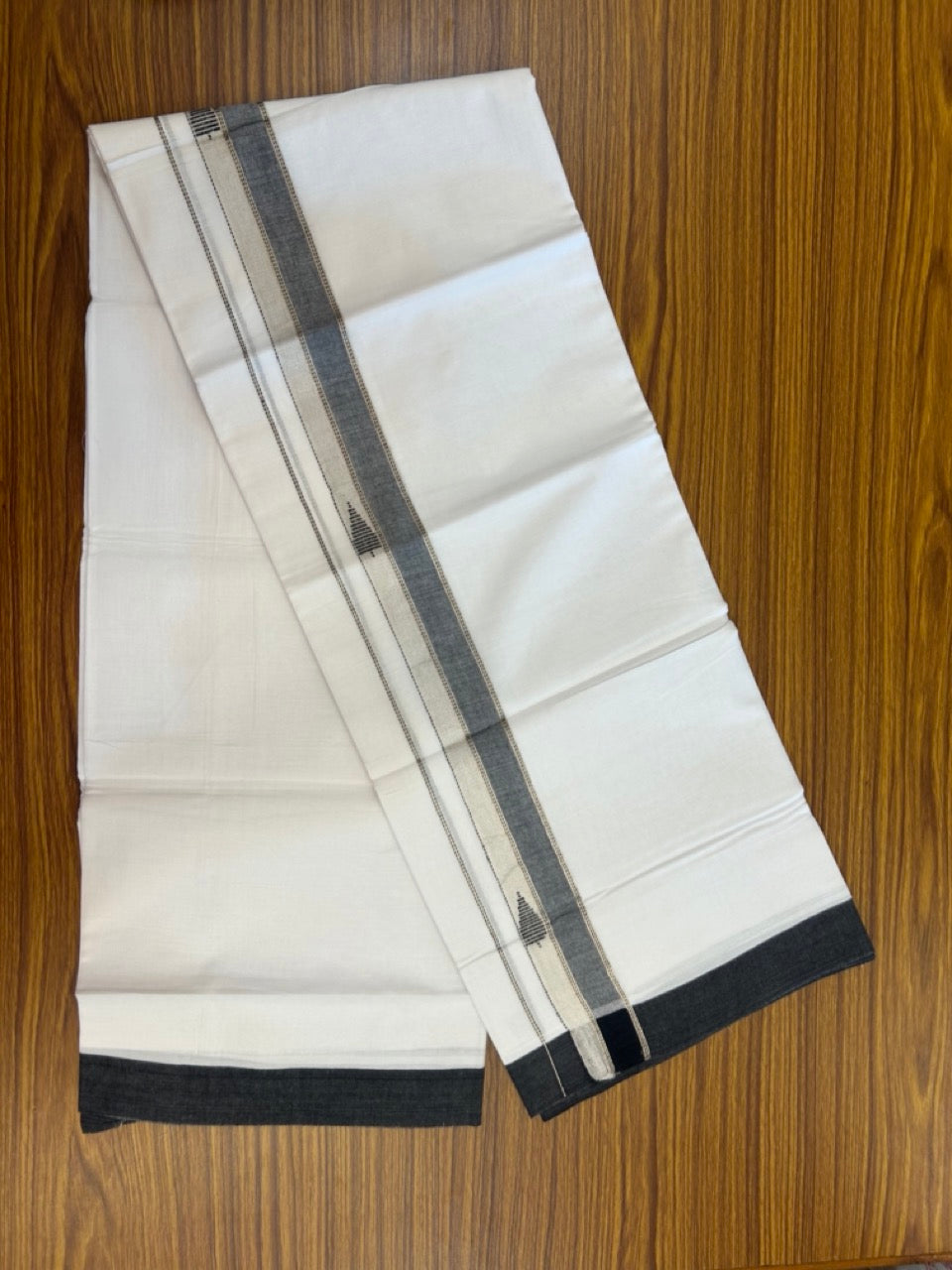 20% Discount ! Kaitharikada Balaramapuram 100% Cotton Pure White Double Mundu/Dothi - 100x80 - 1.5 inch Black & Silver Kasav Design Kara 3.90 mtr (8 muzham) - 25 KK5285 VAS