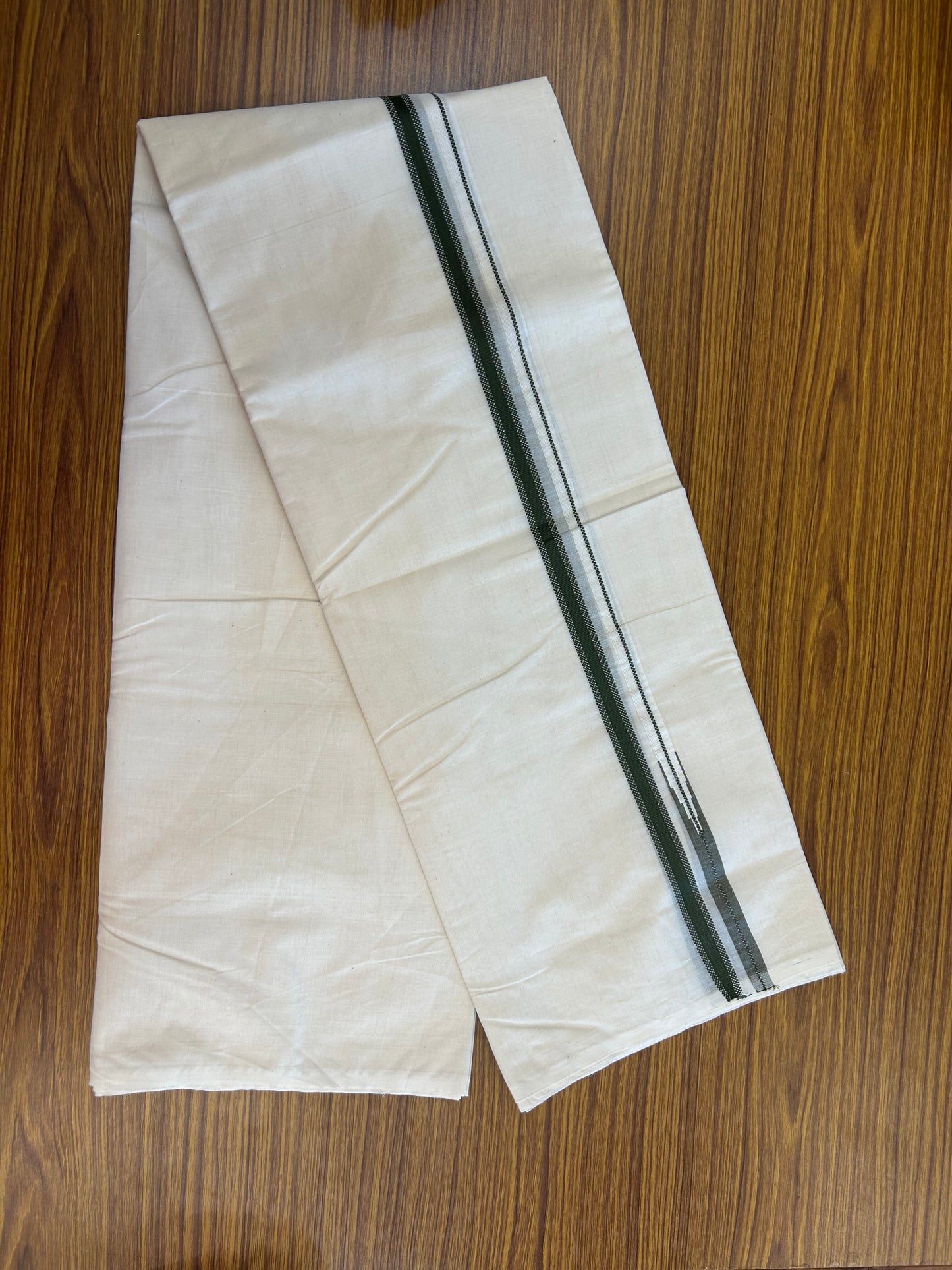 23% Discount! KaithariKada Balaramapuram 100% Cotton Double Off white Mundu/Dhoti- 100x100 - 0.75 inch Puliyilakkara Olive Green Chutty Kara - 4 mtr (8.5 muzham) - 5 KK5373 ASH