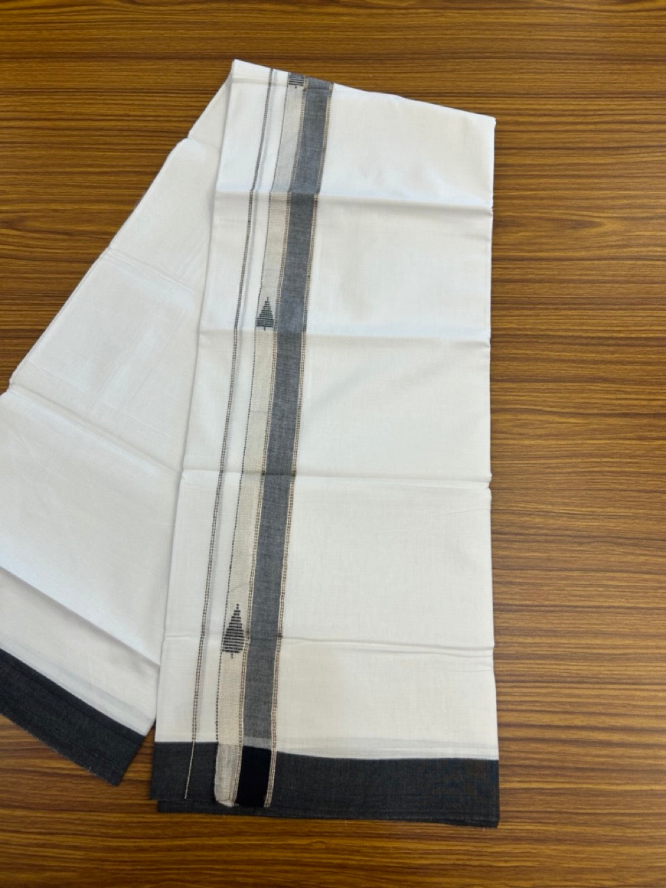 20% Discount ! Kaitharikada Balaramapuram 100% Cotton Pure White Double Mundu/Dothi - 100x80 - 1.5 inch Black & Silver Kasav Design Kara 3.90 mtr (8 muzham) - 25 KK5285 VAS