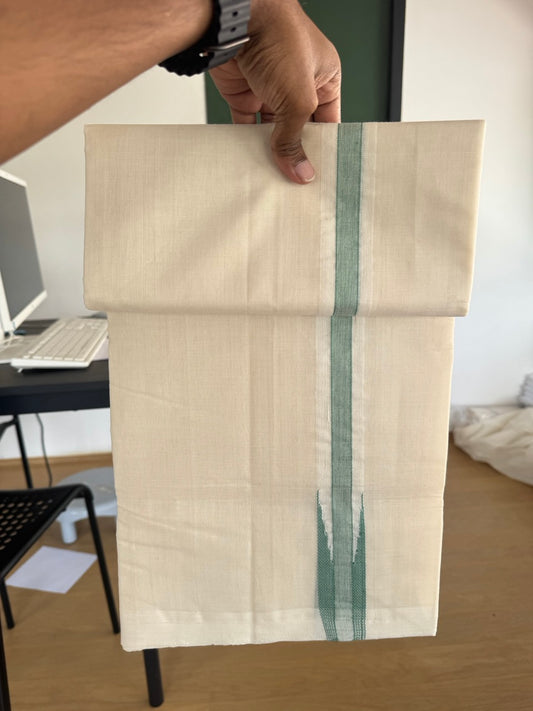 Double Off White (Unbleached) Mundu/Dhoti - 25% Discount!! KaithariKada Handloom Millpaav - 100% Pure Cotton - 80x90 - 1.25 inch Puliyilakkara Light Green Chutty 4 meter (8.5 muzham) - 7 KK5507 RAM