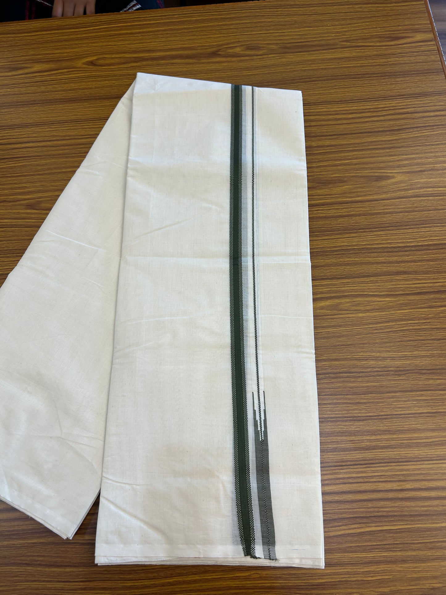 23% Discount! KaithariKada Balaramapuram 100% Cotton Double Off white Mundu/Dhoti- 100x100 - 0.75 inch Puliyilakkara Olive Green Chutty Kara - 4 mtr (8.5 muzham) - 5 KK5373 ASH