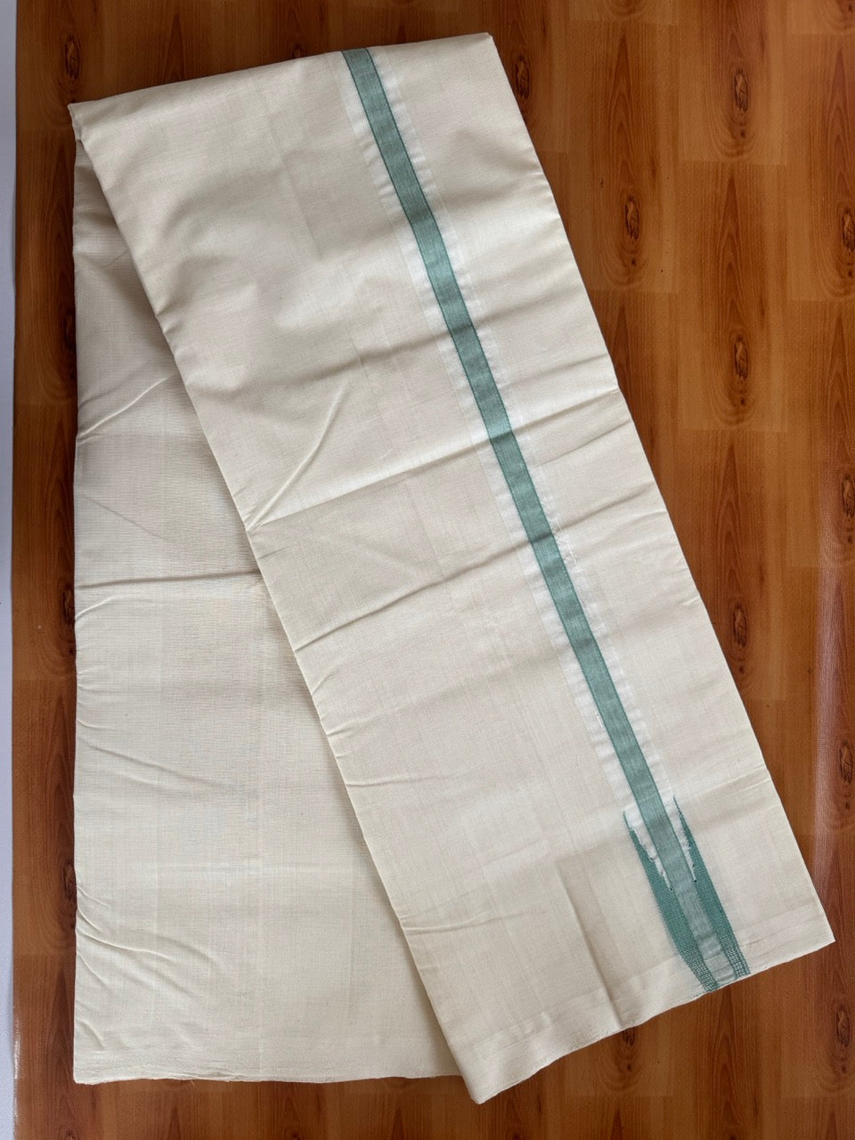 Double Off White (Unbleached) Mundu/Dhoti - 25% Discount!! KaithariKada Handloom Millpaav - 100% Pure Cotton - 80x90 - 1.25 inch Puliyilakkara Light Green Chutty 4 meter (8.5 muzham) - 7 KK5507 RAM