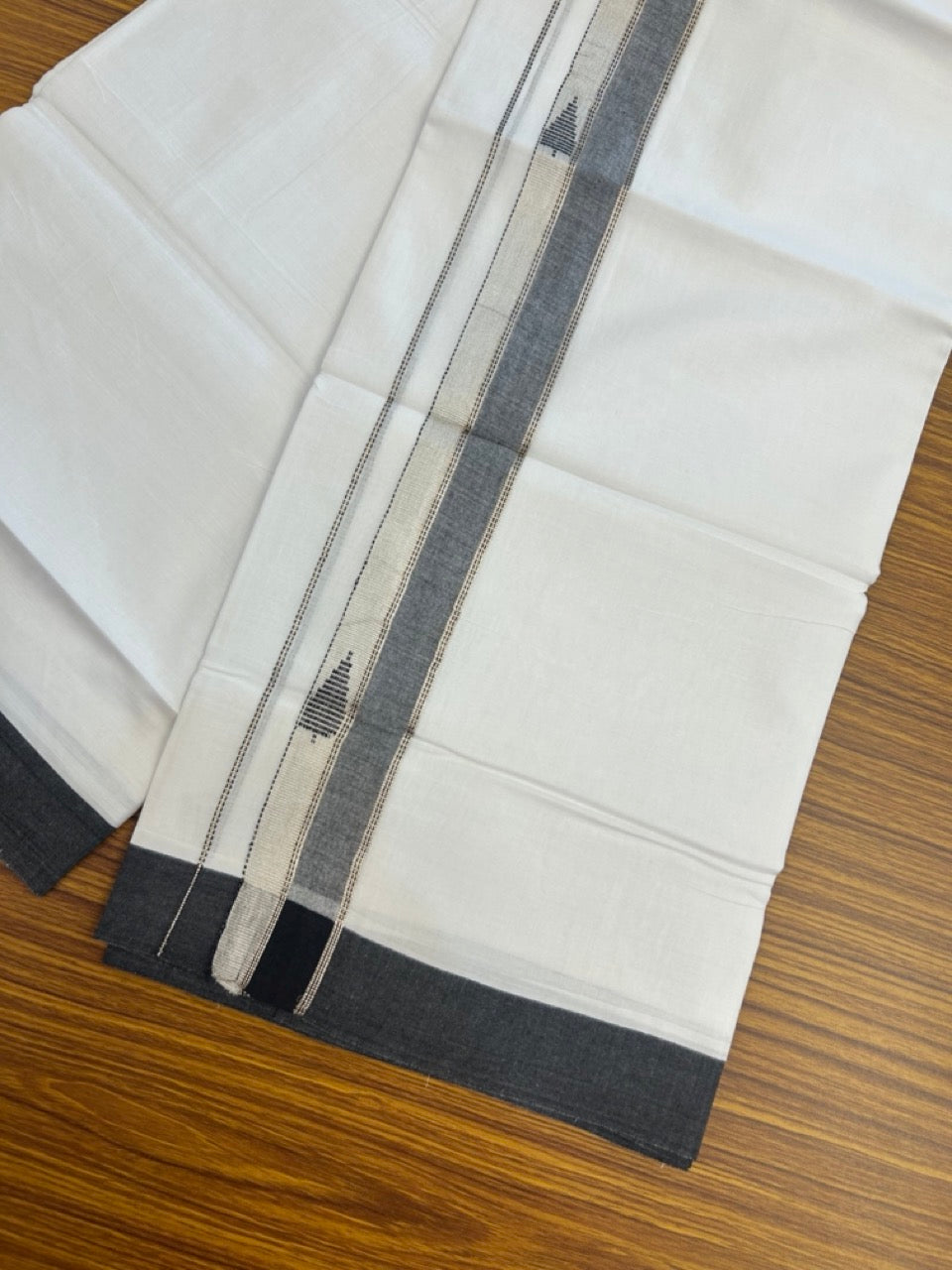 20% Discount ! Kaitharikada Balaramapuram 100% Cotton Pure White Double Mundu/Dothi - 100x80 - 1.5 inch Black & Silver Kasav Design Kara 3.90 mtr (8 muzham) - 25 KK5285 VAS