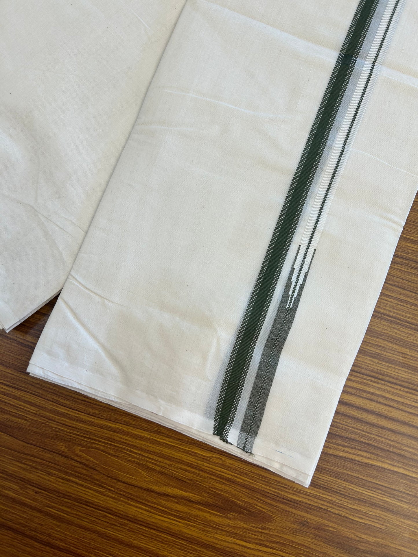 23% Discount! KaithariKada Balaramapuram 100% Cotton Double Off white Mundu/Dhoti- 100x100 - 0.75 inch Puliyilakkara Olive Green Chutty Kara - 4 mtr (8.5 muzham) - 5 KK5373 ASH