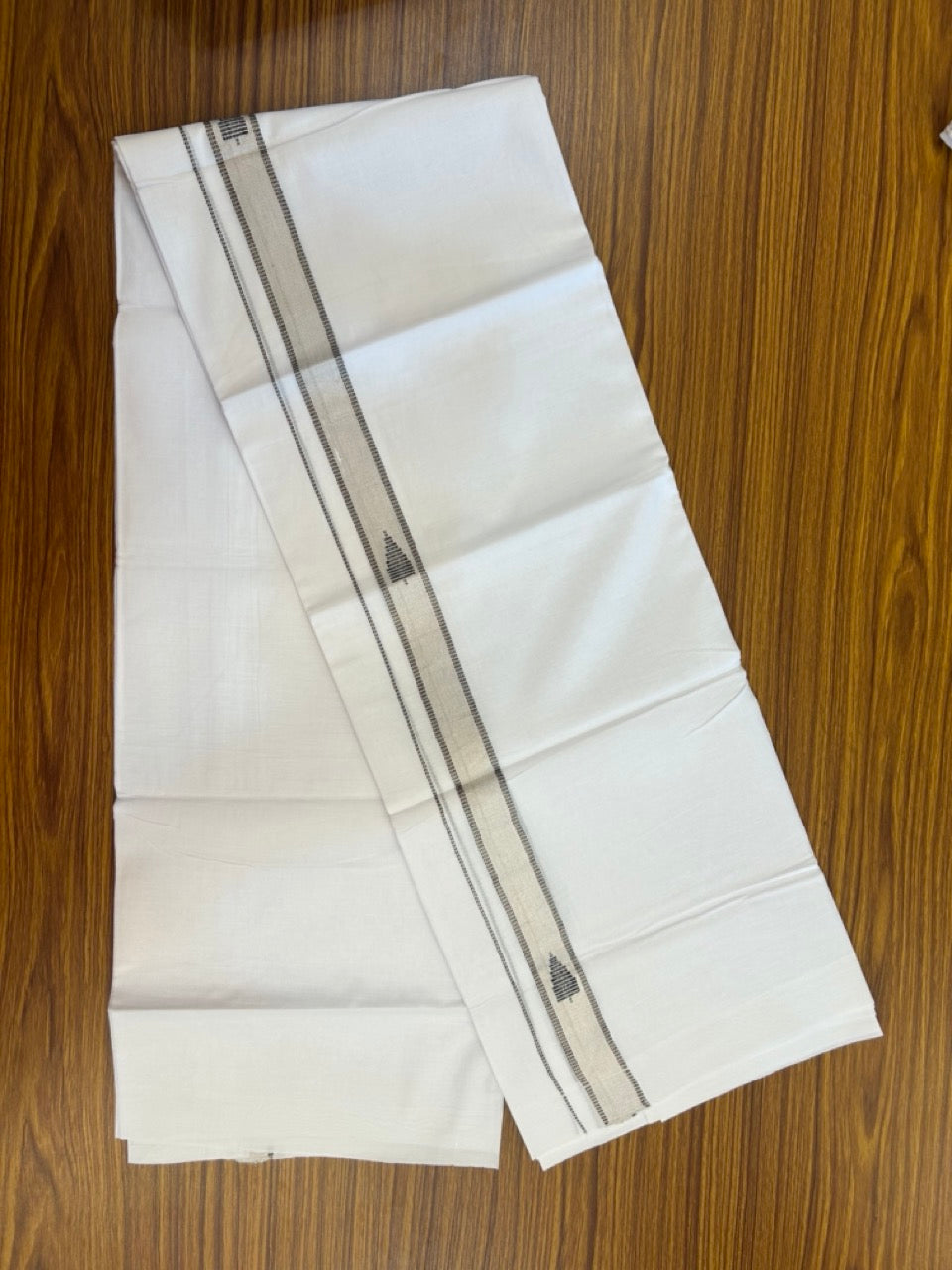 20% Discount ! Kaitharikada Balaramapuram 100% Cotton Pure White Double Mundu/Dothi - 100x80 - 1 inch Black & Silver Kasav Design Kara 3.90 mtr (8 muzham) - 26 KK5285 VAS