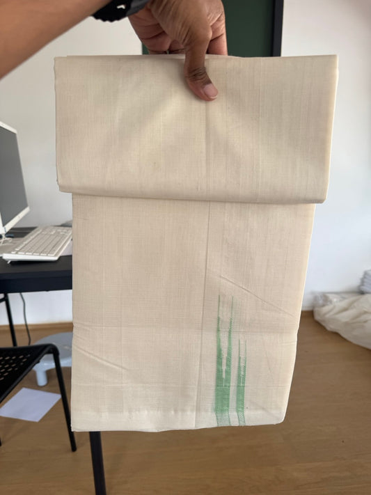 Double Off White (Unbleached) Mundu/Dhoti - 25% Discount!! KaithariKada Handloom Millpaav - 100% Pure Cotton - 80x90 - 0.75 inch Puliyilakkara Light Green Double Chutty 4 meter (8.5 muzham) - 13 KK5507 RAM