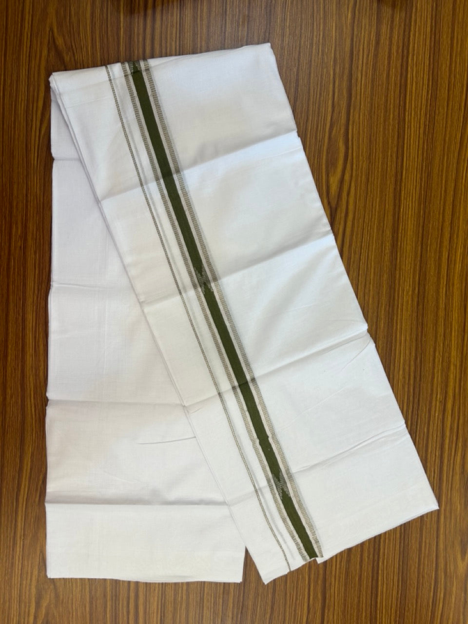 20% Discount ! Kaitharikada Balaramapuram 100% Cotton Pure White Double Mundu/Dothi - 100x80 - 1 inch Olive Green & Silver Kasav Design Kara 3.90 mtr (8 muzham) - 27 KK5285 VAS