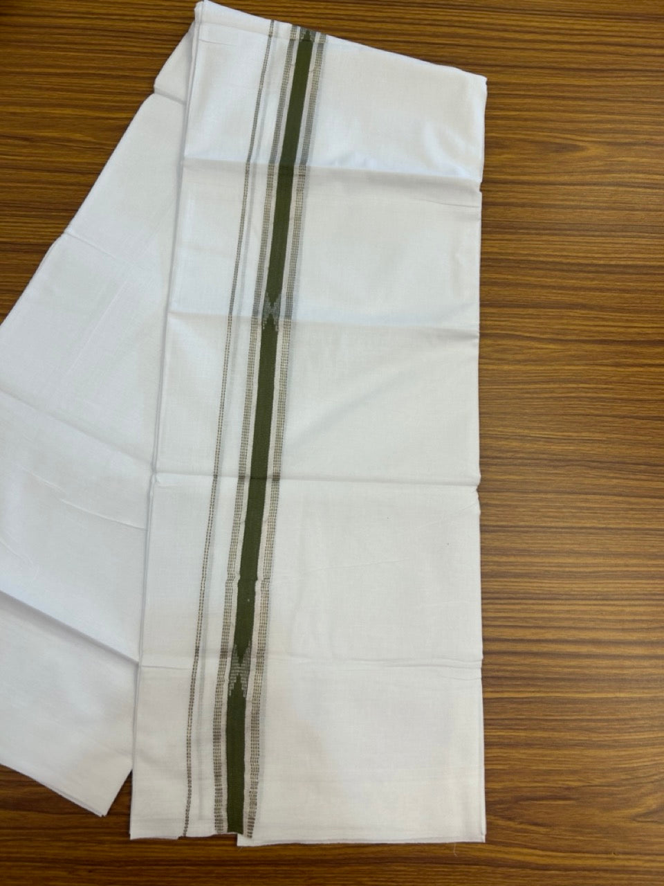20% Discount ! Kaitharikada Balaramapuram 100% Cotton Pure White Double Mundu/Dothi - 100x80 - 1 inch Olive Green & Silver Kasav Design Kara 3.90 mtr (8 muzham) - 27 KK5285 VAS