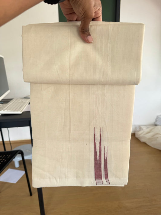 Double Off White (Unbleached) Mundu/Dhoti - 25% Discount!! KaithariKada Handloom Millpaav - 100% Pure Cotton - 80x90 - 0.75 inch Puliyilakkara Dark Dusty Peach Double Chutty 4 meter (8.5 muzham) - 14 KK5507 RAM